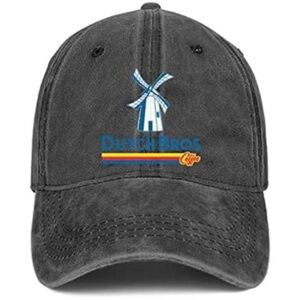 Dutch Bros Flat Brim Trucker Hat Black Mesh Cap Blue Lettering Unisex Coffee EUC
